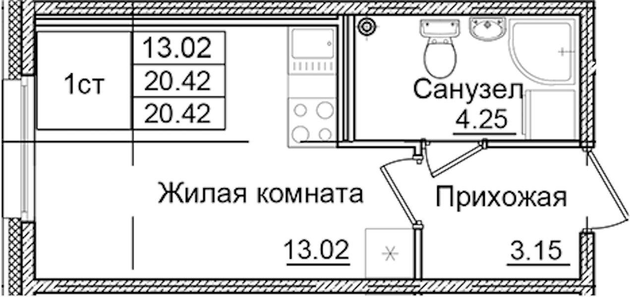 Квартира студия 20.42 м², 2/9 эт., ЖК «Квартал Заречье»